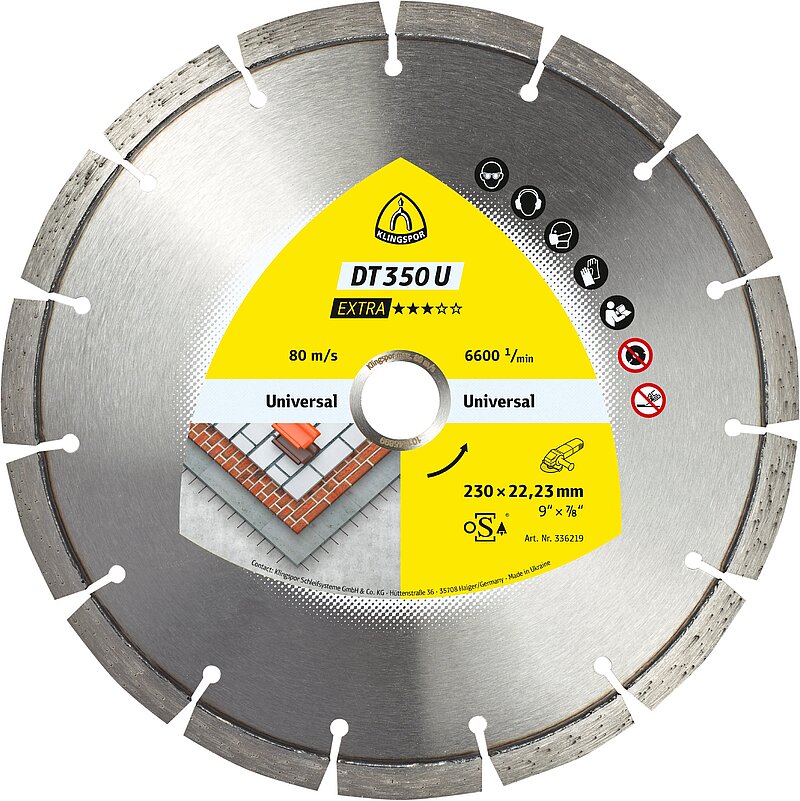 Klingspor - DT 350 U Diamanttrennscheibe, 230 x 2,6 x 22,23 mm 15 Segmente 42 x 2,6 x 10 mm, Standardverzahnung