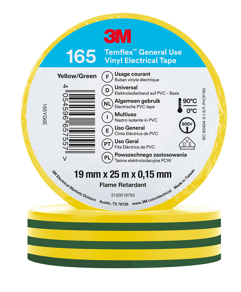 3M Temflex Vinyl-Isolierband 165, Grün/Gelb, 19 mm x 25 m
