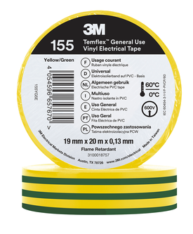 3M Temflex Vinyl-Isolierband 155, Grün/Gelb, 19 mm x 20 m