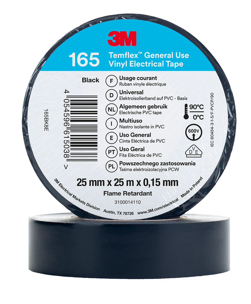 3M Temflex Vinyl-Isolierband 165, Schwarz, 25 mm x 25 m
