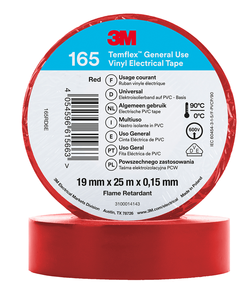 3M Temflex Vinyl-Isolierband 165, Rot, 19 mm x 25 m