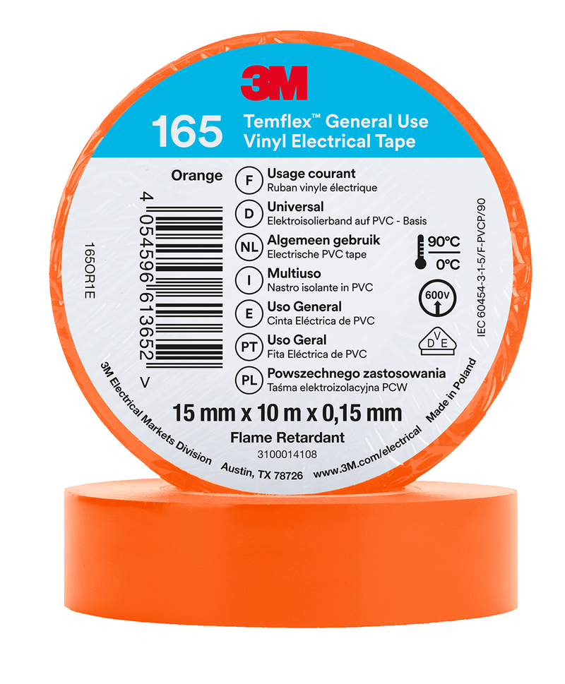 3M Temflex Vinyl-Isolierband 165, Orange, 15 mm x 10 m