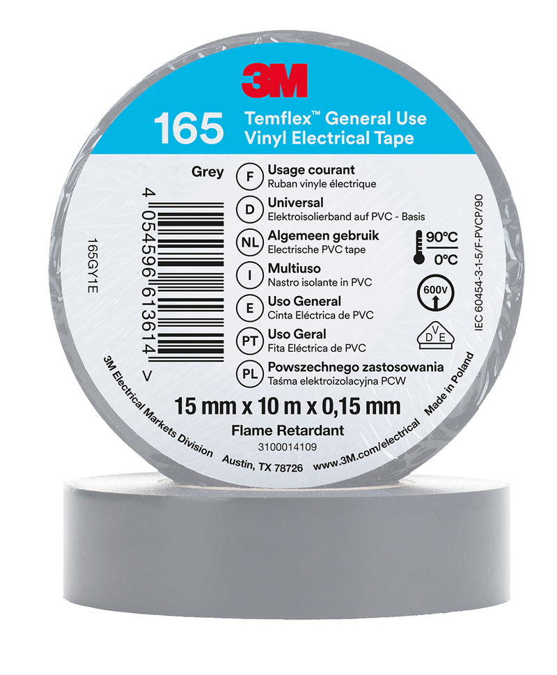 3M Temflex Vinyl-Isolierband 165, Grau, 15 mm x 10 m
