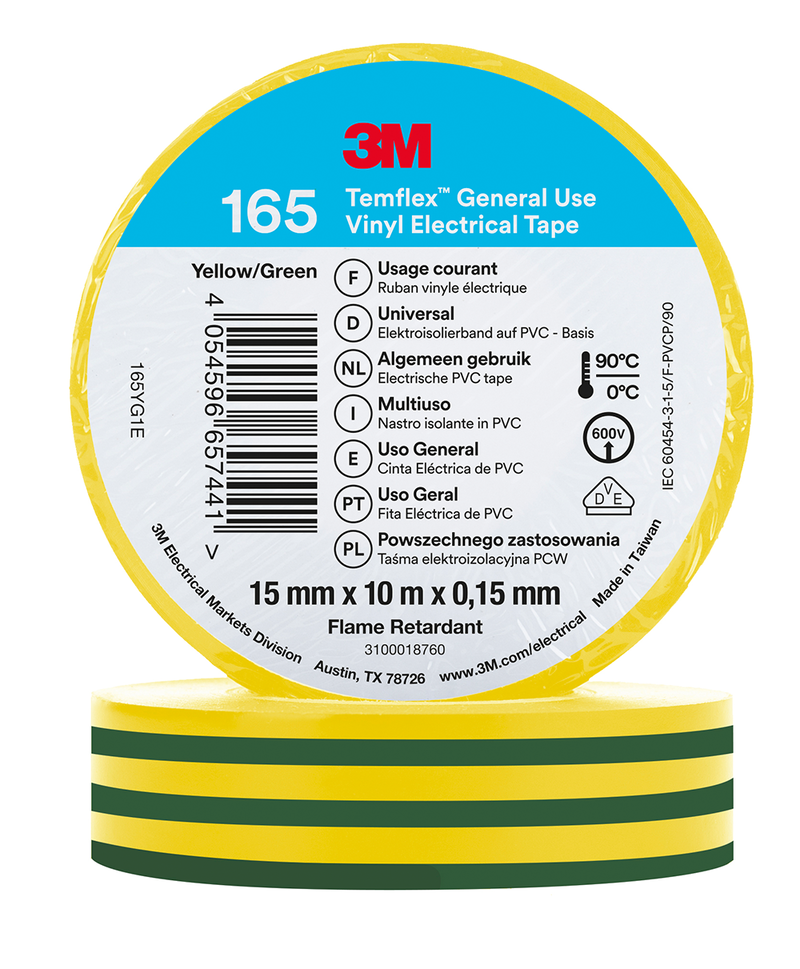 3M Temflex Vinyl-Isolierband 165, Grün/Gelb, 15 mm x 10 m